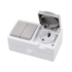 Выключатель двухклавишный + Розетка одинарная с крышкой для открытой установки Lezard IP54, белая