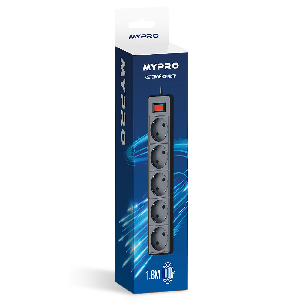 Сетевой фильтр Mypro 1.8 метра Черный